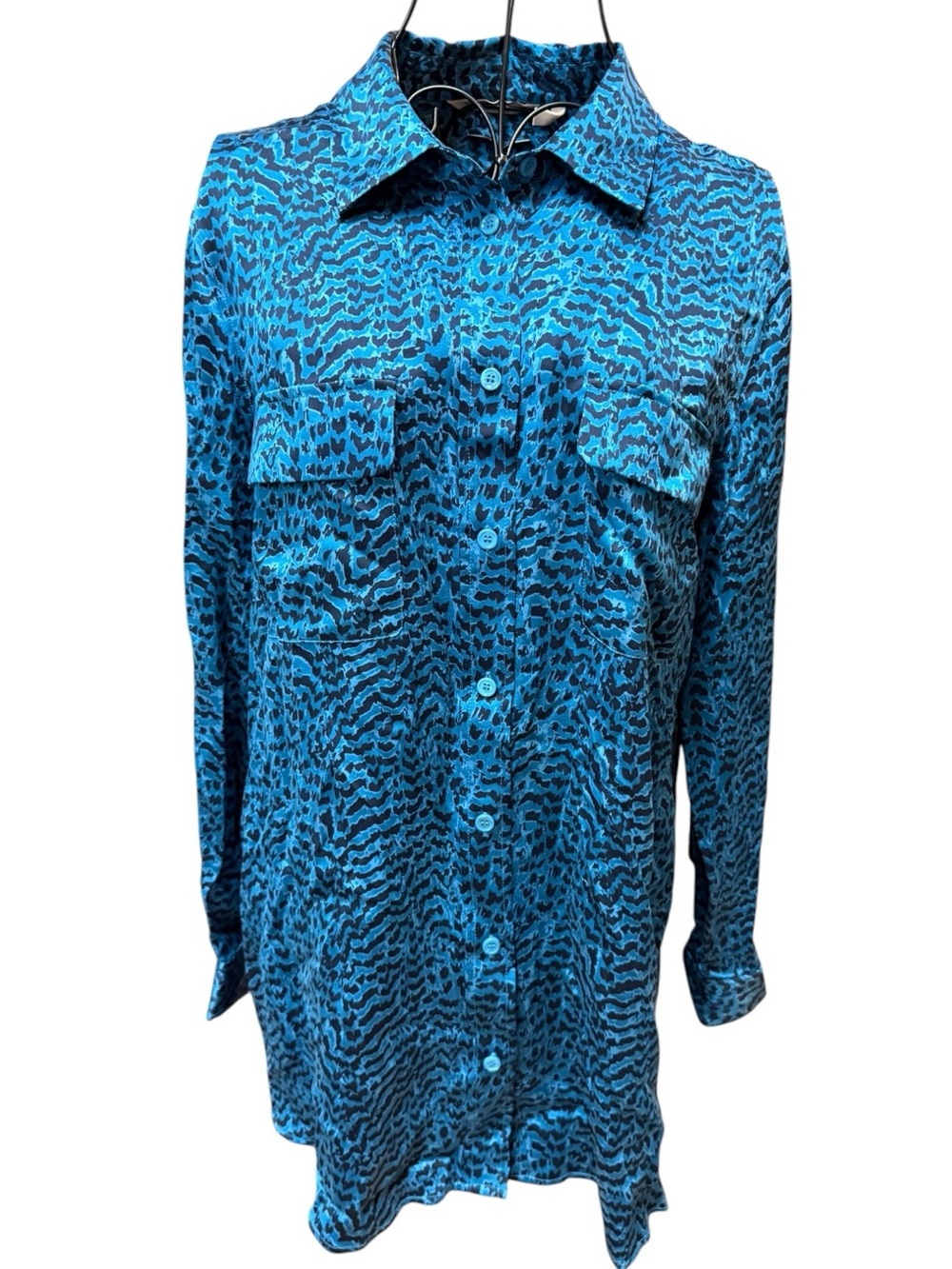 Soft Surroundings 100% Silk Teal and Navy Animal-Print Blouse Medium